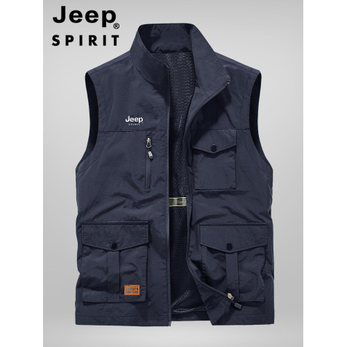 JEEP SPIRIT夏季薄款工裝馬甲男戶外攝影釣魚坎肩立領多口袋外套