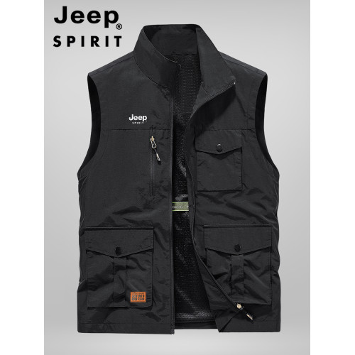 JEEP SPIRIT夏季薄款工裝馬甲男戶外攝影釣魚坎肩立領多口袋外套