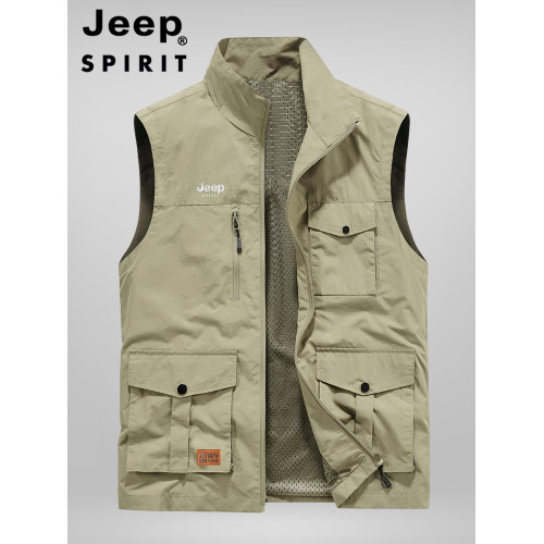 JEEP SPIRIT夏季薄款工裝馬甲男戶外攝影釣魚坎肩立領多口袋外套