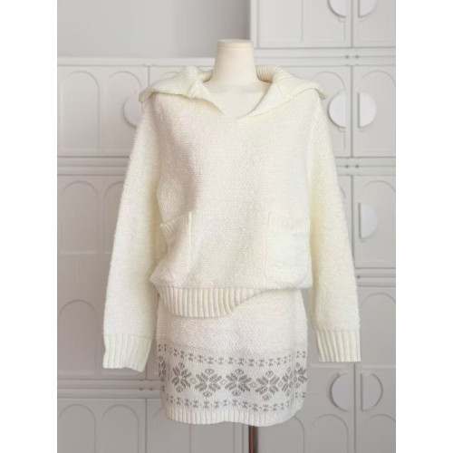 雲絨白巧 白色針織毛衣套裝女冬上衣+包臀半身裙兩件套年會穿搭