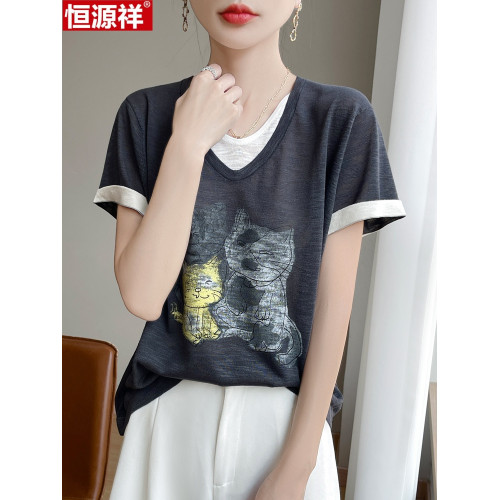 恒源祥純桑蠶絲短袖女T恤夏季新款寬松圓領針織上衣時尚印花真絲