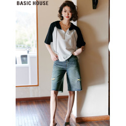 Basic House/百家好歐貨撞色連帽短袖女t恤夏季設計感半拉鍊上衣