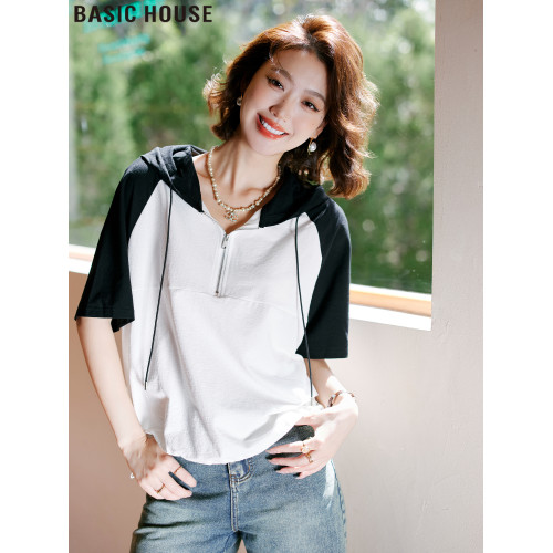 Basic House/百家好歐貨撞色連帽短袖女t恤夏季設計感半拉鍊上衣