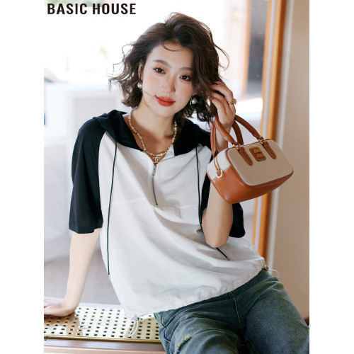 Basic House/百家好歐貨撞色連帽短袖女t恤夏季設計感半拉鍊上衣