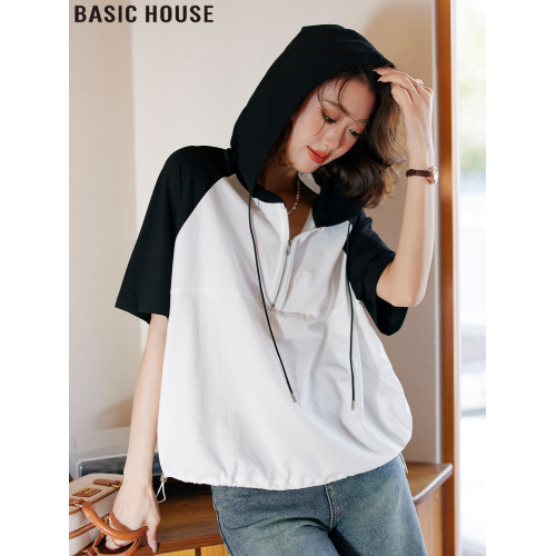 Basic House/百家好歐貨撞色連帽短袖女t恤夏季設計感半拉鍊上衣