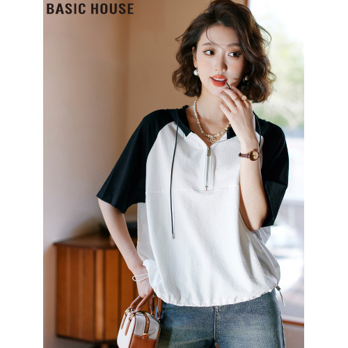 Basic House/百家好歐貨撞色連帽短袖女t恤夏季設計感半拉鍊上衣
