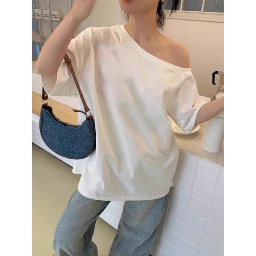 純欲辣妹白色斜領短袖女t恤2025夏季新款寬松顯瘦一字領漂亮上衣