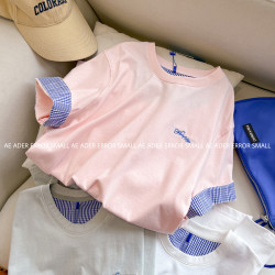 ader error small夏季拼接格子短袖女T恤寬松休閒情侶顯瘦圓領潮