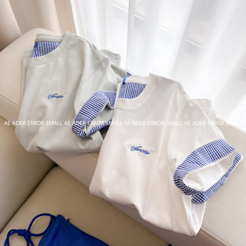 ader error small夏季拼接格子短袖女T恤寬松休閒情侶顯瘦圓領潮