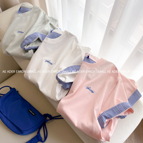ader error small夏季拼接格子短袖女T恤寬松休閒情侶顯瘦圓領潮