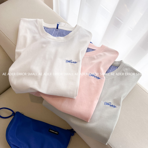 ader error small夏季拼接格子短袖女T恤寬松休閒情侶顯瘦圓領潮