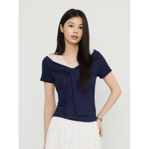 韓版夏季新款溫柔氣質蕾絲拼接系帶收腰顯瘦短袖女T恤純色上衣潮
