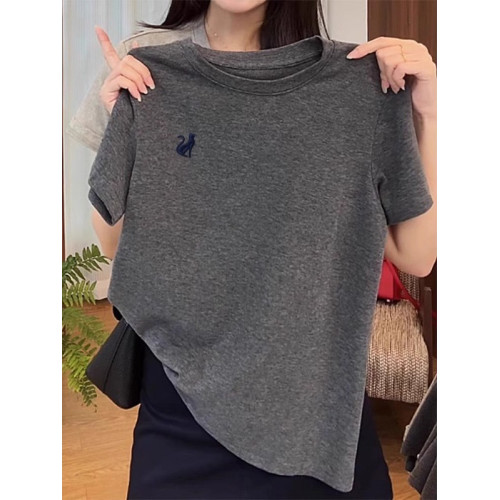 灰色正肩短袖女t恤2025新款超好看獨特漂亮上衣修身時尚百搭chic