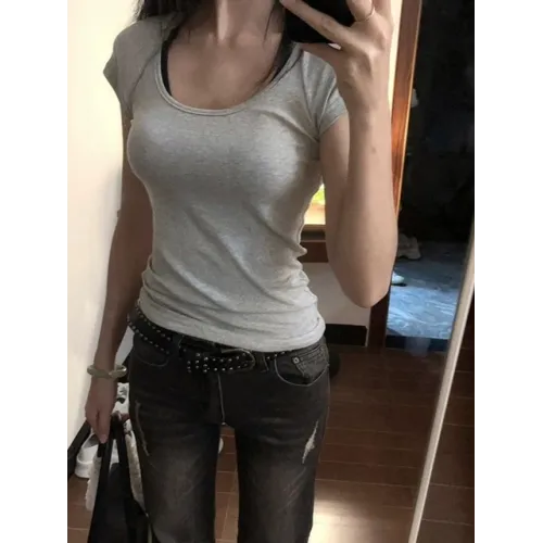 美式復古U領灰色插肩短袖女t恤2025新款夏季收腰修身顯瘦上衣夏天