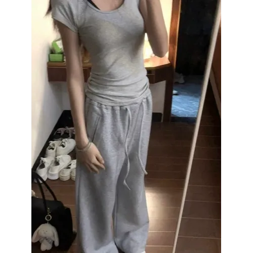 美式復古U領灰色插肩短袖女t恤2025新款夏季收腰修身顯瘦上衣夏天