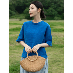 若白復古小衆立領100%亞麻上衣女寬松短袖襯衫減齡小衫女T恤夏