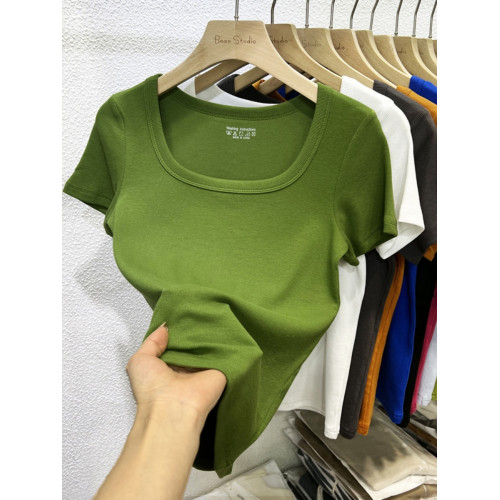 安可拉紅短袖女t恤夏季2025新款修身時尚氣質螺紋正肩露鎖骨上衣