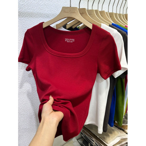 安可拉紅短袖女t恤夏季2025新款修身時尚氣質螺紋正肩露鎖骨上衣