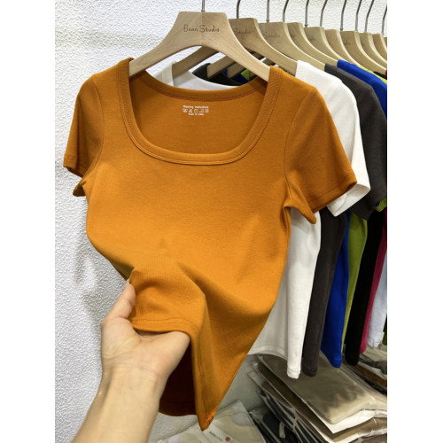 安可拉紅短袖女t恤夏季2025新款修身時尚氣質螺紋正肩露鎖骨上衣