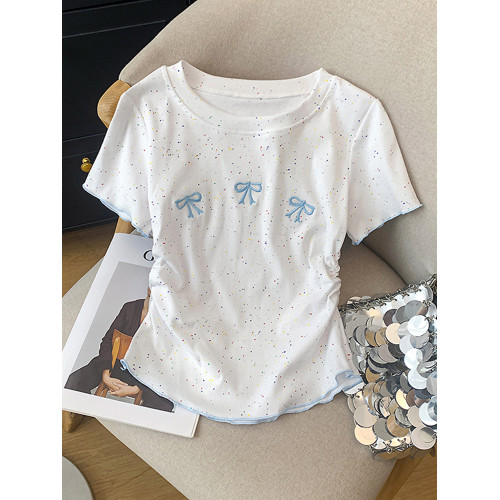 泰式小衆絕美小碎點刺綉蝴蝶結短袖少女T恤夏季新款洋氣收腰上衣