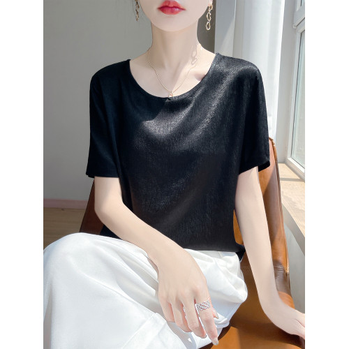 冰絲短袖女t恤2025新款正肩半袖夏薄款顯瘦寬松遮肚醋酸緞面上衣