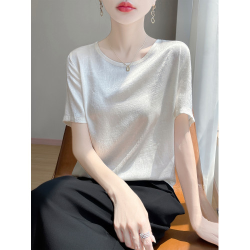 冰絲短袖女t恤2025新款正肩半袖夏薄款顯瘦寬松遮肚醋酸緞面上衣