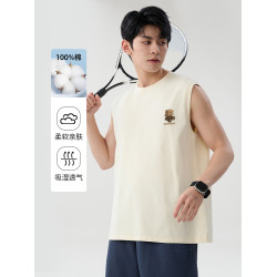 班尼路S&K系列淺米色無袖背心男夏季重磅純棉青少年美式運動坎肩A