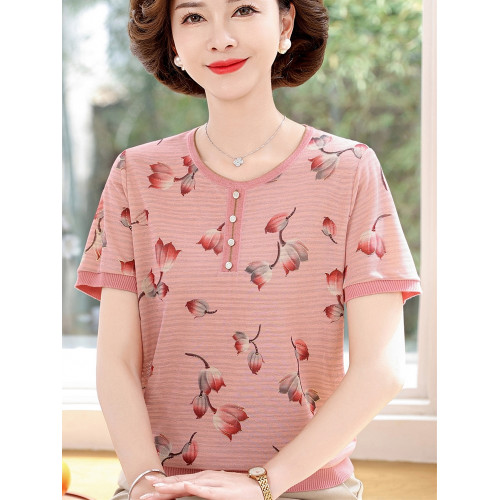 中老年夏季休閒翻領短袖小衫上衣媽媽裝洋氣薄款套頭冰絲女T恤衫