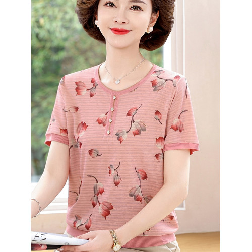 中老年夏季休閒翻領短袖小衫上衣媽媽裝洋氣薄款套頭冰絲女T恤衫