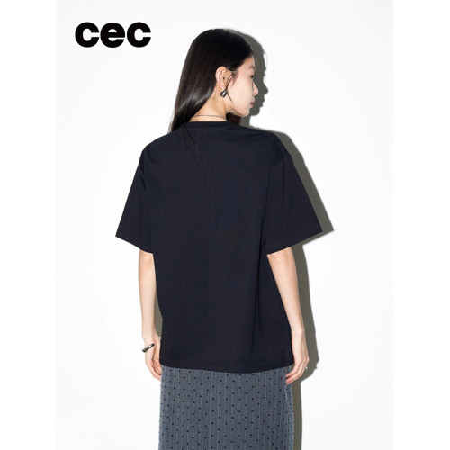 cec官方旗艦店純色休閒簡約短袖女t恤2025新款寬松圓領半袖上衣夏