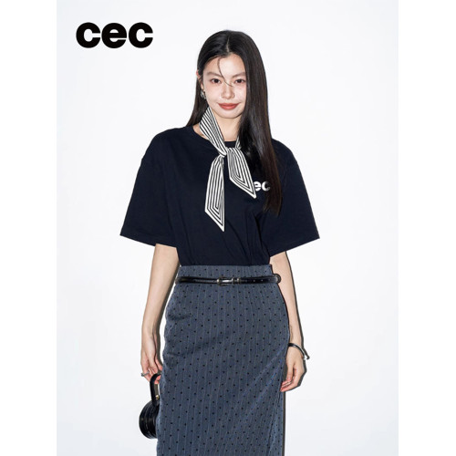 cec官方旗艦店純色休閒簡約短袖女t恤2025新款寬松圓領半袖上衣夏