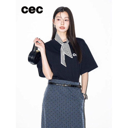 cec官方旗艦店純色休閒簡約短袖女t恤2025新款寬松圓領半袖上衣夏