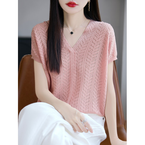 夏季萊賽爾天絲針織短袖女T恤V領浮雕提花上衣寬松薄款針織打底衫