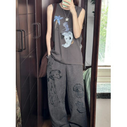 美式復古小狗塗鴉印花背心女t恤夏季新款寬松休閒百搭無袖上衣潮
