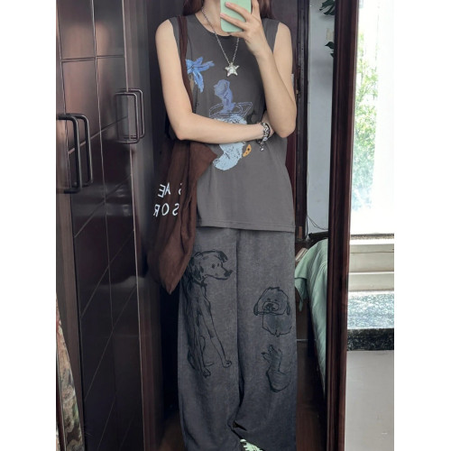 美式復古小狗塗鴉印花背心女t恤夏季新款寬松休閒百搭無袖上衣潮