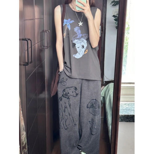 美式復古小狗塗鴉印花背心女t恤夏季新款寬松休閒百搭無袖上衣潮