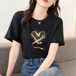 卡其色純棉女t恤短袖寬松潮牌女設計感印花大碼女裝夏季新款上衣