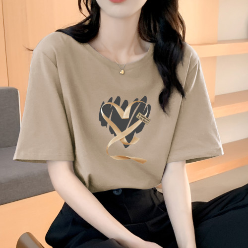卡其色純棉女t恤短袖寬松潮牌女設計感印花大碼女裝夏季新款上衣