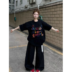 黑色短袖2025新款女t恤夏季設計感小衆美式寬松半袖圓領純棉上衣