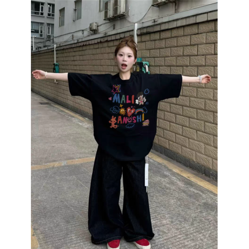 黑色短袖2025新款女t恤夏季設計感小衆美式寬松半袖圓領純棉上衣