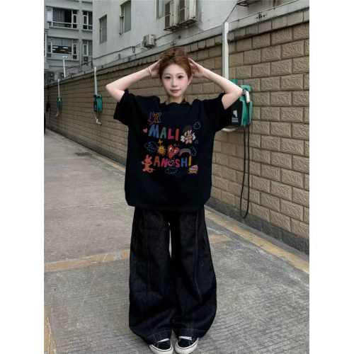 黑色短袖2025新款女t恤夏季設計感小衆美式寬松半袖圓領純棉上衣