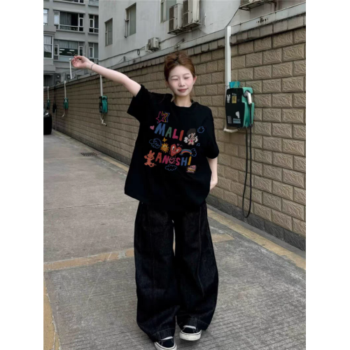 黑色短袖2025新款女t恤夏季設計感小衆美式寬松半袖圓領純棉上衣