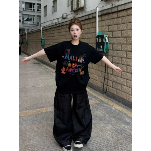 黑色短袖2025新款女t恤夏季設計感小衆美式寬松半袖圓領純棉上衣