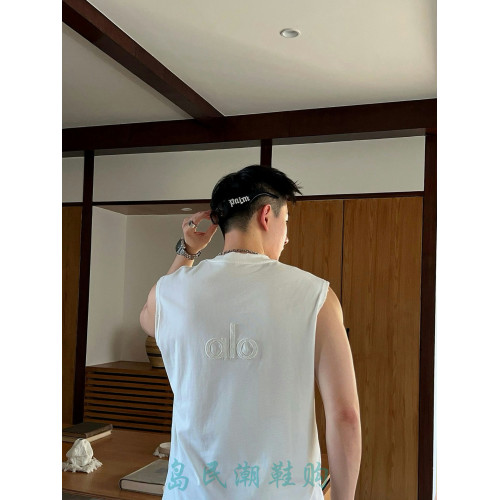 潮牌ALO新款坎肩背心破洞字母印花戶外運動休閒百搭寬松無袖T恤男