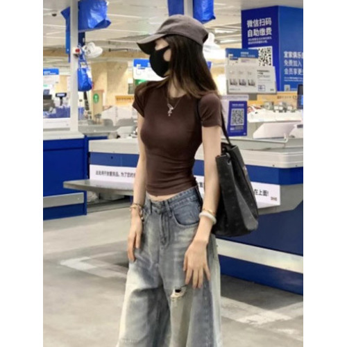 咖色正肩短袖女t恤短款小個子修身顯瘦洋氣辣妹純欲穿搭上衣夏季