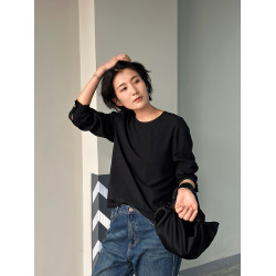 周浪清黑色圓領正肩修身長袖女t恤2025新款秋裝薄款顯瘦休閒上衣