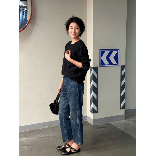 周浪清黑色圓領正肩修身長袖女t恤2025新款秋裝薄款顯瘦休閒上衣