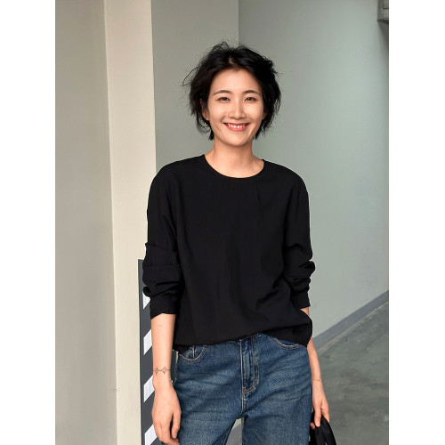 周浪清黑色圓領正肩修身長袖女t恤2025新款秋裝薄款顯瘦休閒上衣