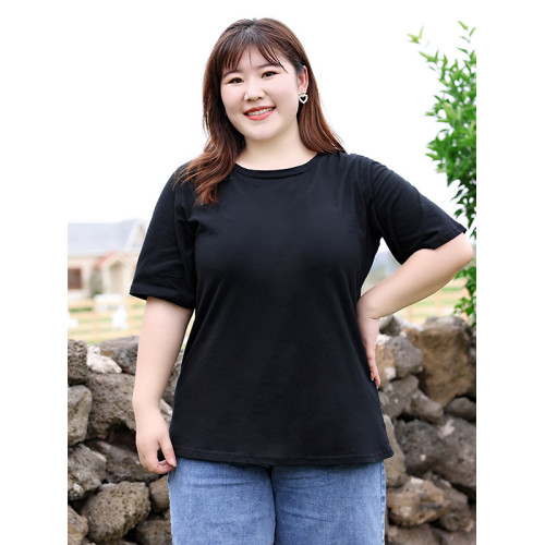 大碼女t恤寬松200斤純色圓領短袖上衣胖mm夏季加肥加大遮肚體恤衫
