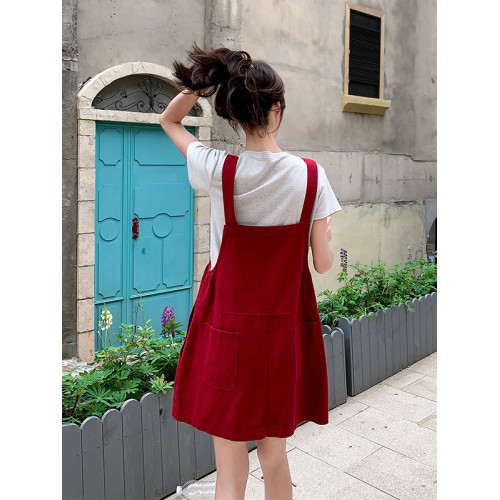 紅色背帶連衣裙女T恤兩件套裝女夏季2025新款小個子超火減齡裙子